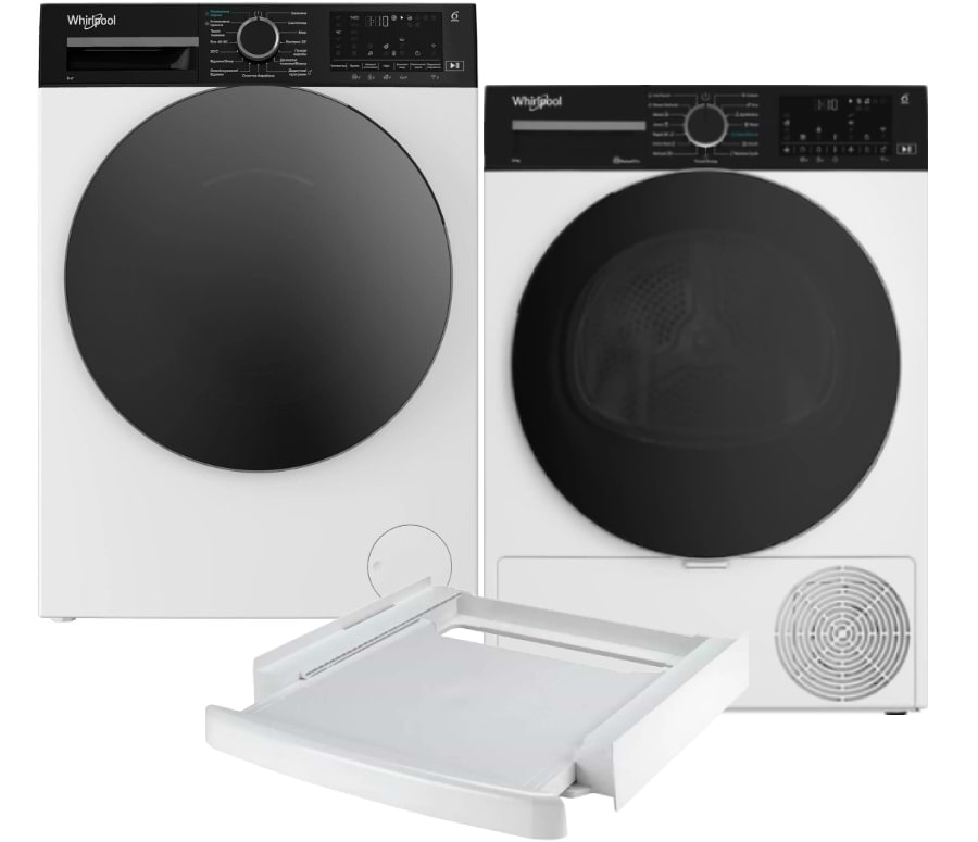 Комплект техники Whirlpool Стиральная машина с фронтальной загрузкой + Сушильная машина + Комплект креплений для установки в колонну Whirlpool WAM 87WBC UA + WP B8X WBS UA + SKS101 White